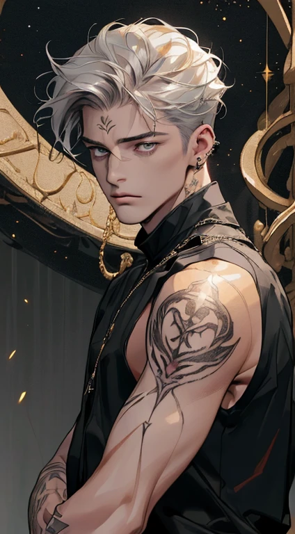 (((8K, RAW photos, Best quality, tmasterpiece: 1.4))), Ultra-high resolution, ultra - detailed, lamplight, Close-up cleavage, Handsome men, gold eyes, (Detailed eyes, The eyes are bright:1.2), Medium long red hair, pale-skinned, ear piercings, Dark, Blackn clothes, Meticulous clothes, gold accessories on clothes, (perfect anatomia:1.2), Highqualityshadow, natural lightting, (White highlights:1.2), natta, overcast day, (arm tattoos:1.2), (starrysky:1.2),Masterpiece, high quality, best quality, HD, realistic, perfect lighting, detailed body, 1 man, dark White hair , face expression, black military suit, in the cave,