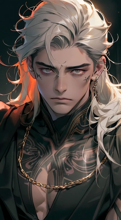 (((8K, RAW photos, Best quality, tmasterpiece: 1.4))), Ultra-high resolution, ultra - detailed, lamplight, Close-up cleavage, Handsome men, gold eyes, (Detailed eyes, The eyes are bright:1.2), Medium long red hair, pale-skinned, ear piercings, Dark, Blackn clothes, Meticulous clothes, gold accessories on clothes, (perfect anatomia:1.2), Highqualityshadow, natural lightting, (White highlights:1.2), natta, overcast day, (arm tattoos:1.2), (starrysky:1.2),Masterpiece, high quality, best quality, HD, realistic, perfect lighting, detailed body, 1 man, dark White hair , face expression, black military suit, in the cave,