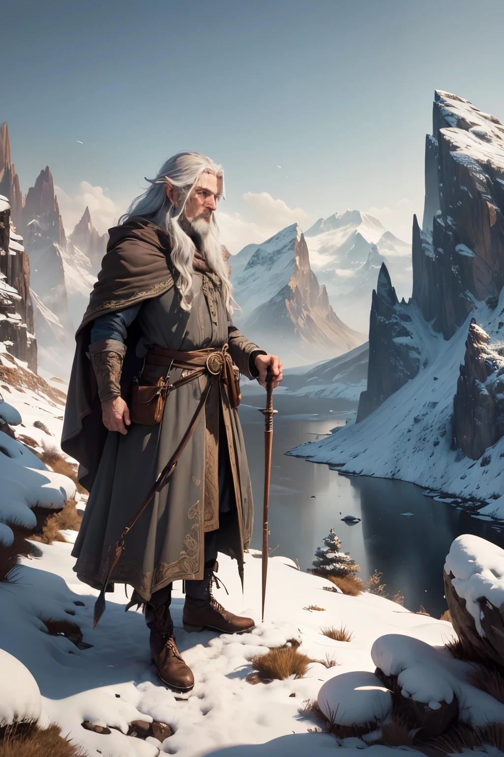 ((best qualityer)), ((work of art)), (detailded), 4K, hight contrast, work of art, 1 ranger elfo  , glad ,long gray hair,in the background magnificent mountains ,similar to the works of JRR Tolkien, clear lighting, detailed shadows 
