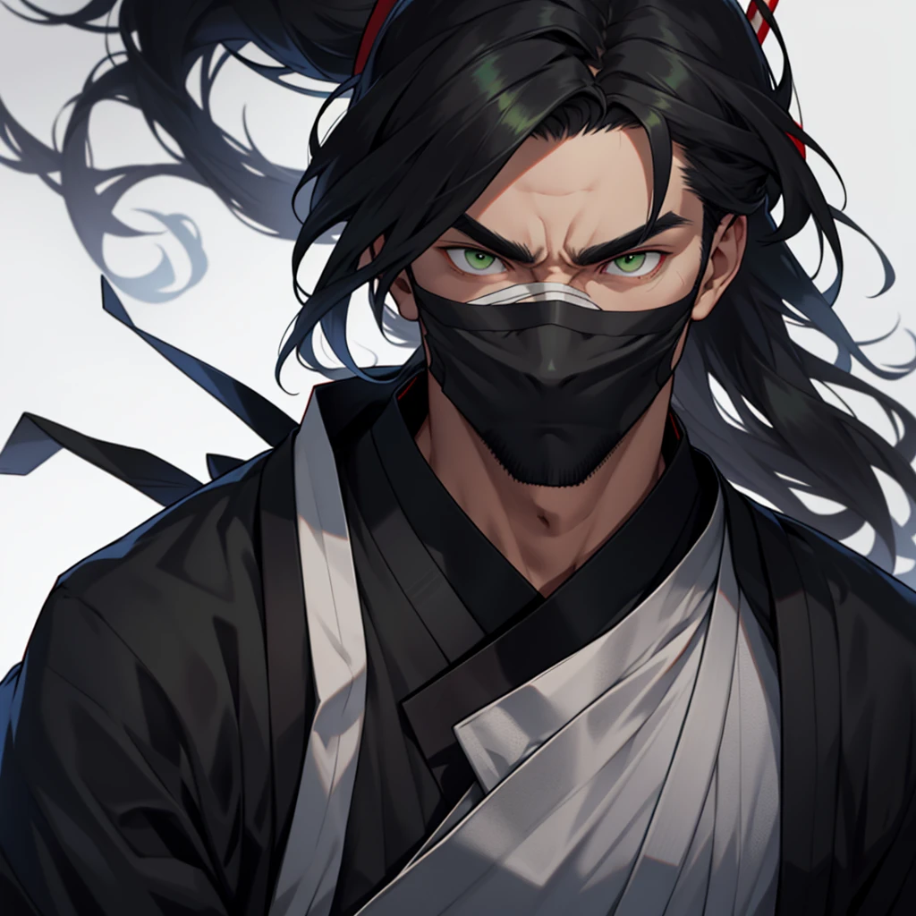 The character has long hair, smooth and black that fall over your face, partially hiding your eyes. Your eyes are different colors, with a yellow right eye and a green left eye, a detail that draws a lot of attention. His face is partially covered in white bandages that stretch from his nose to his chin., leaving only your eyes and forehead showing. He wears a traditional dark Japanese uniform with a high collar., typical of a warrior or samurai. His expression is serious and focused, conveying an air of mystery and determination.