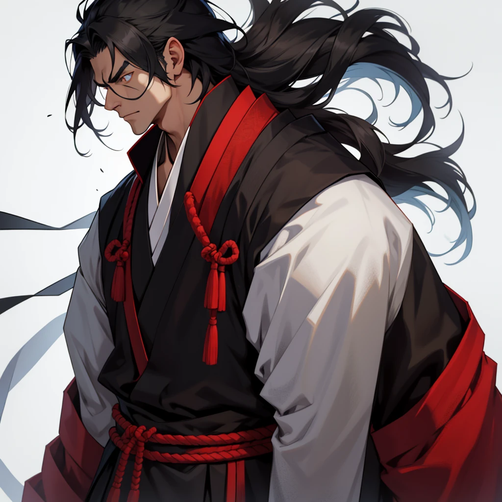 The character has long hair, smooth and black that fall over your face, partially hiding your eyes. Your eyes are different colors, with a yellow right eye and a green left eye, a detail that draws a lot of attention. His face is partially covered in white bandages that stretch from his nose to his chin., leaving only your eyes and forehead showing. He wears a traditional dark Japanese uniform with a high collar., typical of a warrior or samurai. His expression is serious and focused, conveying an air of mystery and determination.