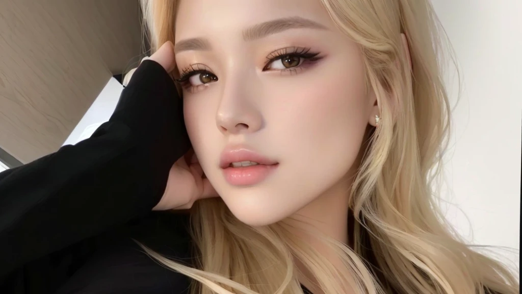 a Close up of a woman with long blonde hair and a black shirt, parque roseanne de blackpink, beautiful south korean woman, lalisa manobal, Beautiful young Korean woman, jossi do blackpink, popular south Korean makeup, portrait of jossi do blackpink, Extremely beautiful face, Cl, adorable and pale korean face, Beautiful young Korean woman, young lovely korean face