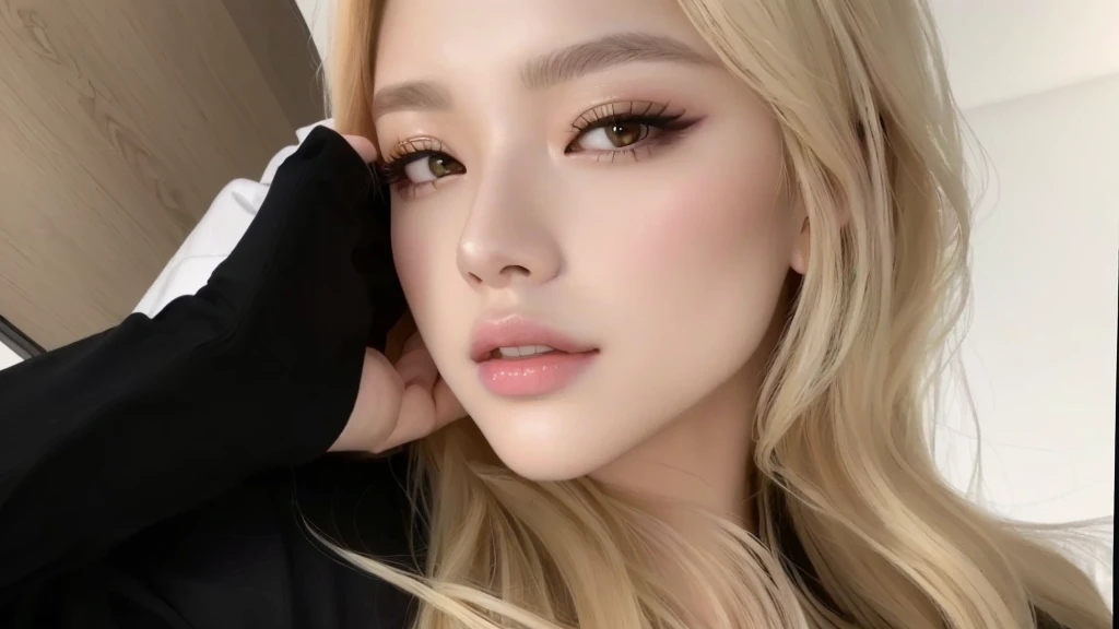 a Close up of a woman with long blonde hair and a black shirt, parque roseanne de blackpink, beautiful south korean woman, lalisa manobal, Beautiful young Korean woman, jossi do blackpink, popular south Korean makeup, portrait of jossi do blackpink, Extremely beautiful face, Cl, adorable and pale korean face, Beautiful young Korean woman, young lovely korean face
