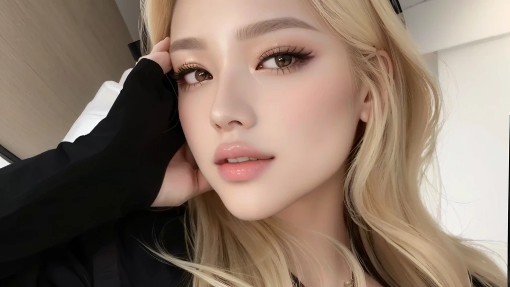 a Close up of a woman with long blonde hair and a black shirt, parque roseanne de blackpink, beautiful south korean woman, lalisa manobal, Beautiful young Korean woman, jossi do blackpink, popular south Korean makeup, portrait of jossi do blackpink, Extremely beautiful face, Cl, adorable and pale korean face, Beautiful young Korean woman, young lovely korean face