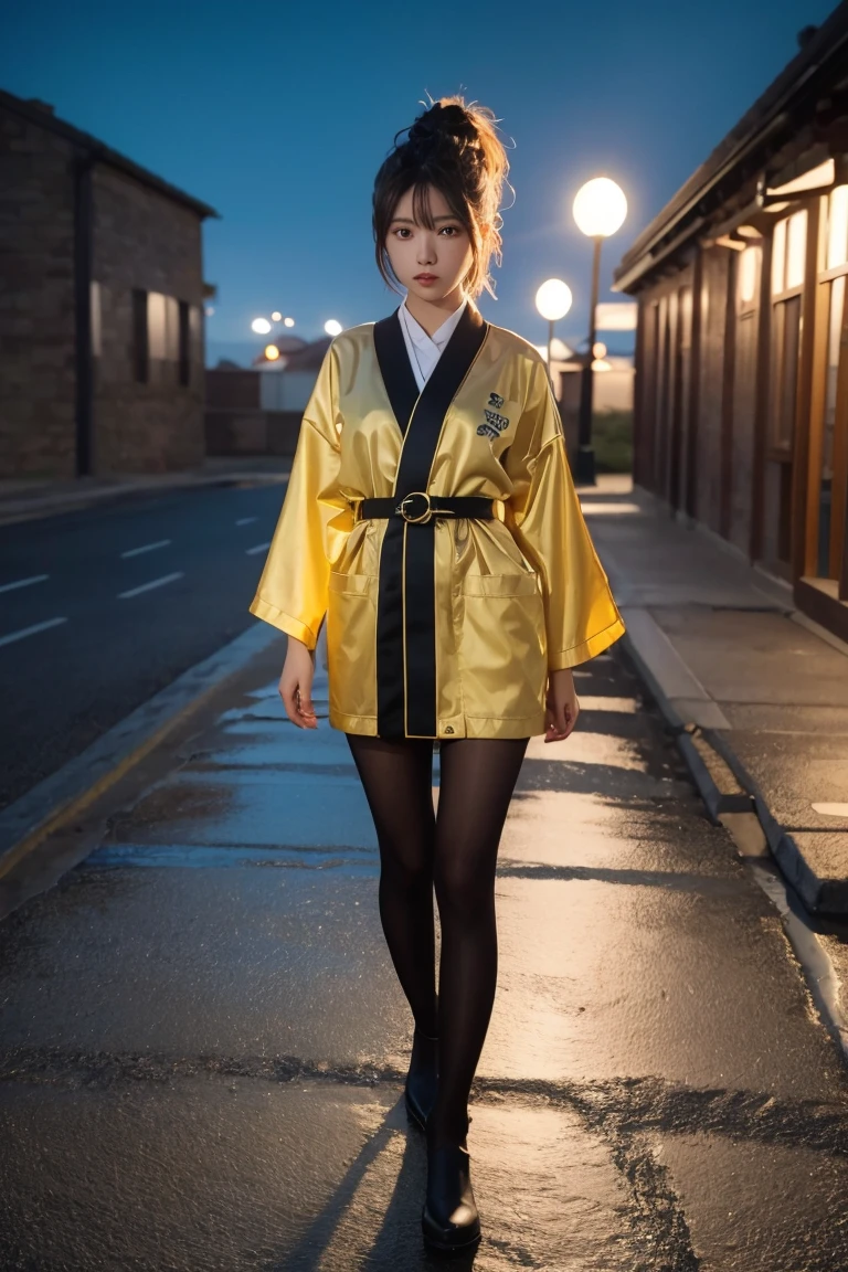 lightning sparks,golden sparkle,Realistic image A women animé with golden yellow hair tied holding katana wearing a yellow/black Outerwear/black kimono tights,At night. night,full Shot,3D rendering. Dark tone,Golden lightning reflected all around.