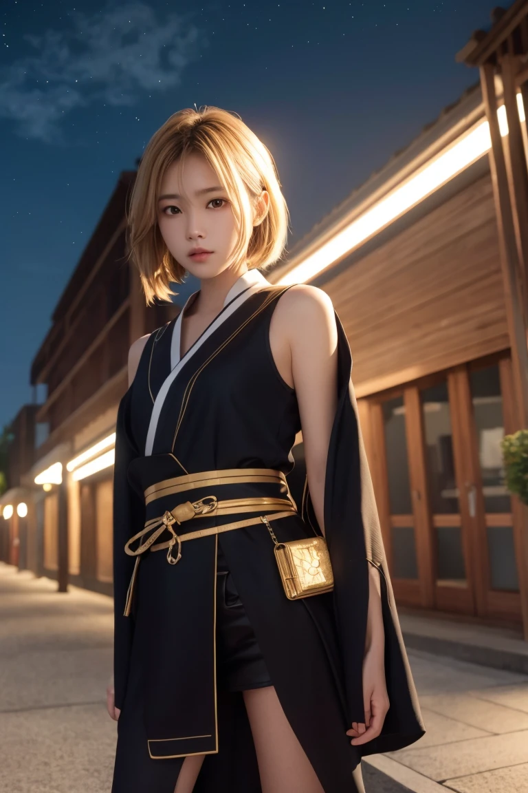 lightning sparks,golden sparkle,Realistic image A women animé with golden yellow hair tied holding katana wearing a yellow/black Outerwear/black kimono tights,At night. night,full Shot,3D rendering. Dark tone,Golden lightning reflected all around.