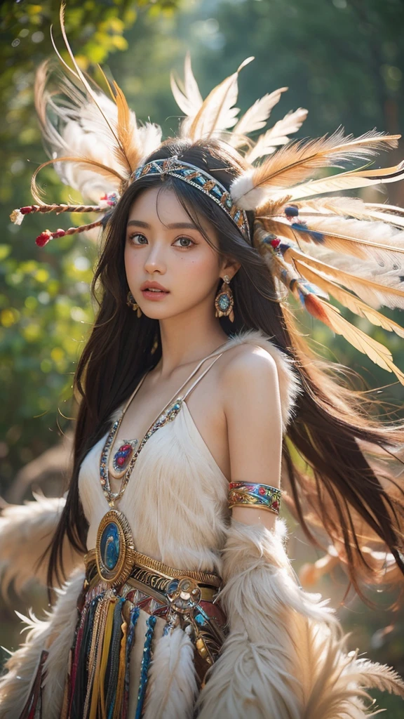 Exotic beautiful native American princess, female,very small revealing dress made with feathers, magic, alluring, sultry, full-length, female-body, hazel-eyes, bright, , OverallDetail. beautiful blurry background, perfect face and eyes, hyper-detailed hypermaximalist dynamic