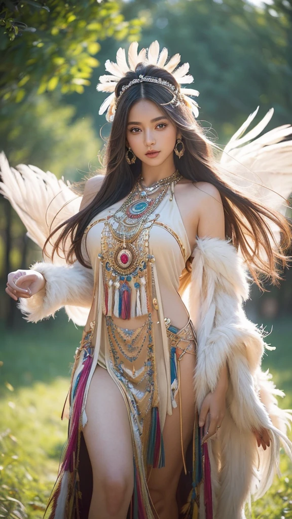 Exotic beautiful native American princess, female,very small revealing dress made with feathers, magic, alluring, sultry, full-length, female-body, hazel-eyes, bright, , OverallDetail. beautiful blurry background, perfect face and eyes, hyper-detailed hypermaximalist dynamic