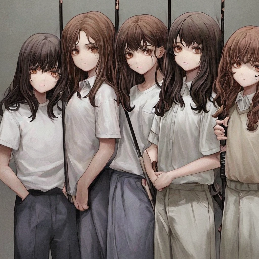 1 girl with curly hair of medium size, brown hair color, honey eye color with 2 moles on the right side of her face and white skin color, wearing a uniform with a white shirt, dark blue pants with a white line on the pants, clothes with blood holding an ax in his hand, 1 with medium straight hair, brown color, dark brown eyes and white skin color, uniform with a white shirt with dark blue pants with a line on the pants with blood on the clothes holding a broom, 1 other girl with short brown hair, brown eyes and white skin color, uniform, white shirt with dark blue pants with a white line and blood, holding a broom, 1 boy with brown hair and very short, small size and dark brown eyes with a white shirt and dark blue pants full of blood holding a baseball bat and his skin color is brown, all of them with a somewhat sad face, all of them with their entire body facing forward, looking at the camera, the scene behind them was a school in front with some zombies, the lighting is a little dark but you can see everything, the four of them together in the same place, They are all agers and in high school