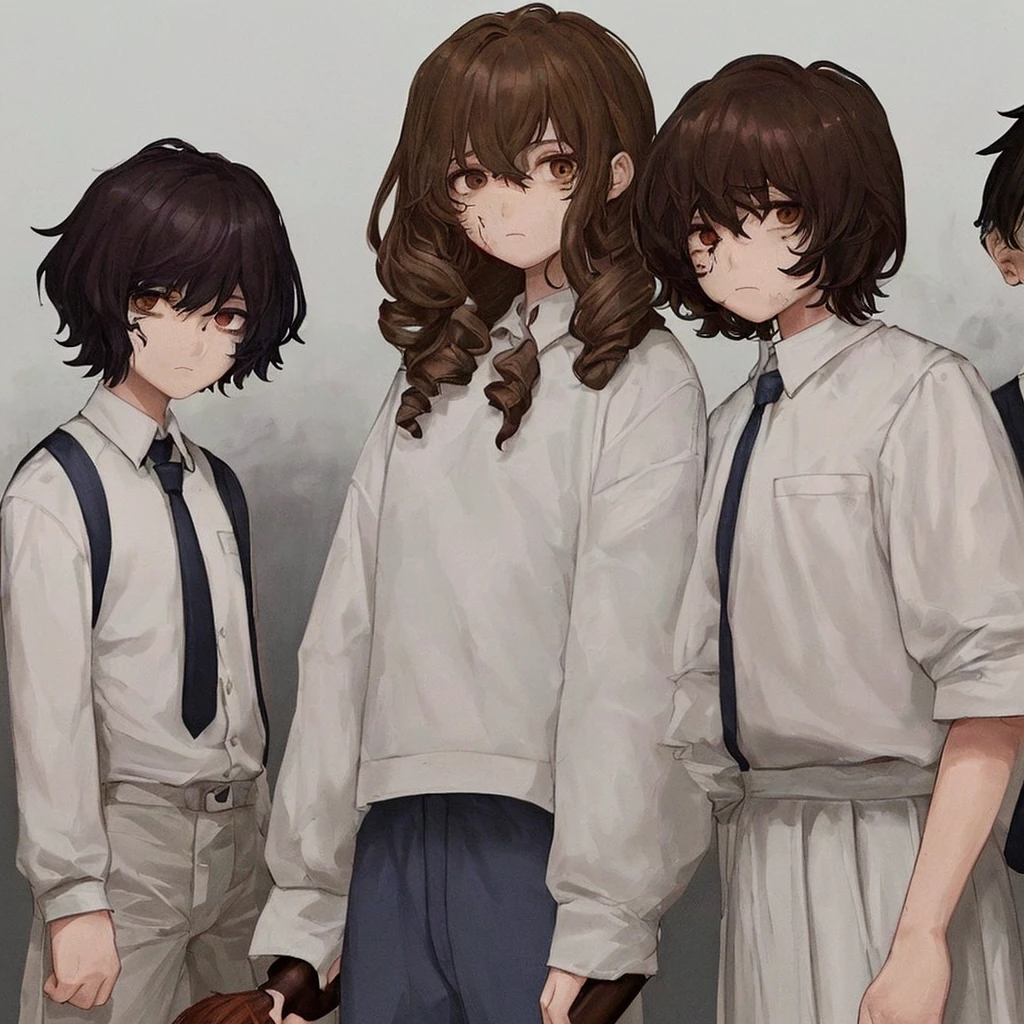 1 girl with curly hair of medium size, brown hair color, honey eye color with 2 moles on the right side of her face and white skin color, wearing a uniform with a white shirt, dark blue pants with a white line on the pants, clothes with blood holding an ax in his hand, 1 with medium straight hair, brown color, dark brown eyes and white skin color, uniform with a white shirt with dark blue pants with a line on the pants with blood on the clothes holding a broom, 1 other girl with short brown hair, brown eyes and white skin color, uniform, white shirt with dark blue pants with a white line and blood, holding a broom, 1 boy with brown hair and very short, small size and dark brown eyes with a white shirt and dark blue pants full of blood holding a baseball bat and his skin color is brown, all of them with a somewhat sad face, all of them with their entire body facing forward, looking at the camera, the scene behind them was a school in front with some zombies, the lighting is a little dark but you can see everything, the four of them together in the same place, They are all teenagers and in high school