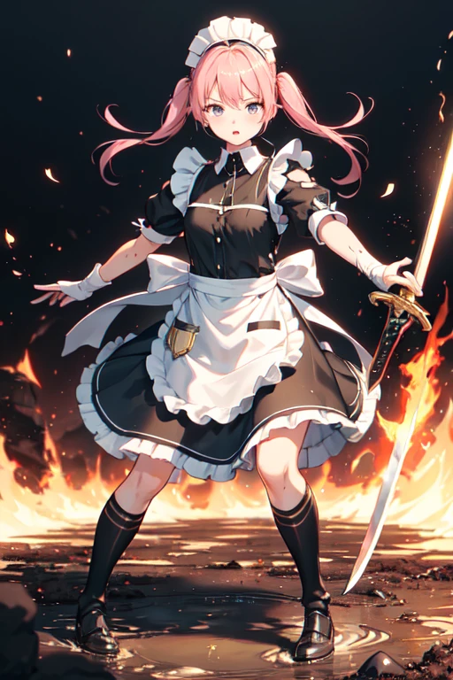 (Ultra-high resolution:1.4)(super high quality:1.4)(detailed:1.4)(Attention to detail), (Ultra-high resolution:1.6)
One girl, cute, Small breasts, White skin, Pink Hair, Classic maid outfit, Normal collar, Leading the way, Sword and Magic, Burning Battlefield, Fierce Battle, Intense Combat, Fighting with a two-handed sword, Dissecting, Large sword, Confronting a formidable opponent, There are scratches or stains, (戦闘でTorn clothes1.6), (Torn clothes:1.4), (Apron torn to shreds:1.6), (Shabbyのメイド), Mud stains all over the body, Burnt and charred, (Shabbyのエプロン:1.4), (Soot stains:1.6), (Covered in mud:1.6), A torn apron, Shabbyのエプロン, Apron that looks like it's about to tear, Slashed Apron, Shabbyで戦っている, (The whole body is dirty:1.4), (エプロンにCovered in mud, Dirt all over the body:1.4), Blown away, Slash marks, Shabby, Muddy, Covered in soot,