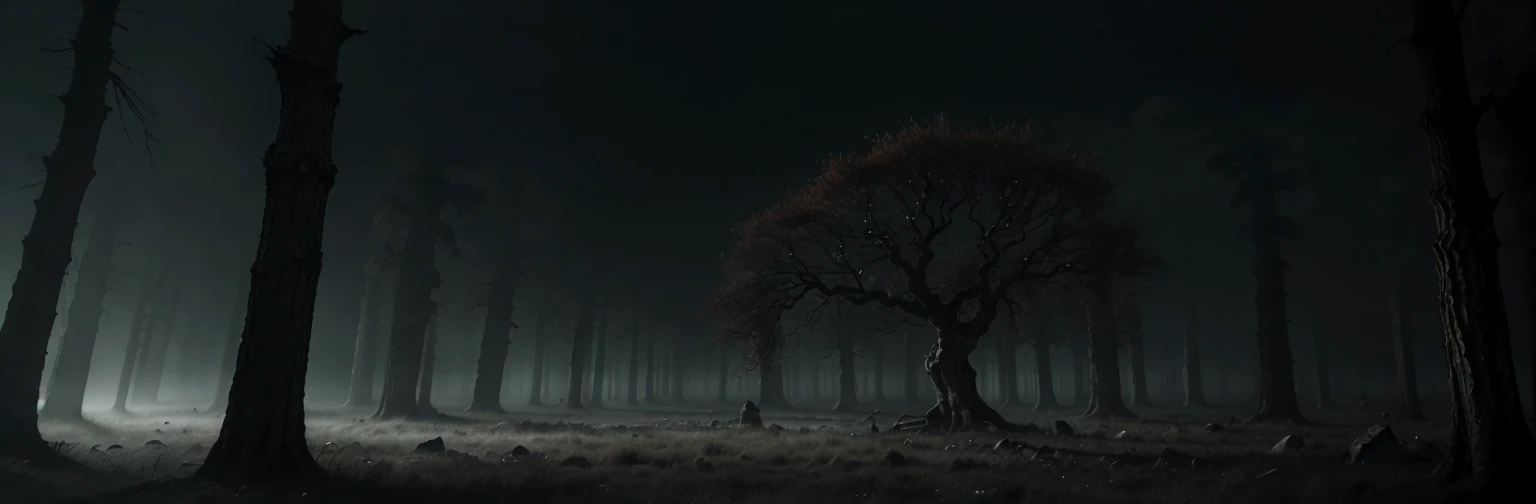 a dark fantasy forest at night, dense fog, moody atmosphere, ancient twisted trees, eerie glowing lights, dark shadows, gnarled roots, crumbling ruins, gothic architecture, haunting ambience, dramatic lighting, cinematic composition, dark color palette, muted tones, moody and atmospheric, (best quality,4k,8k,highres,masterpiece:1.2),ultra-detailed,(realistic,photorealistic,photo-realistic:1.37),dark fantasy,dark gothic,concept art,cinematic lighting,dramatic lighting,gloomy,haunting,muted colors,moody atmosphere
