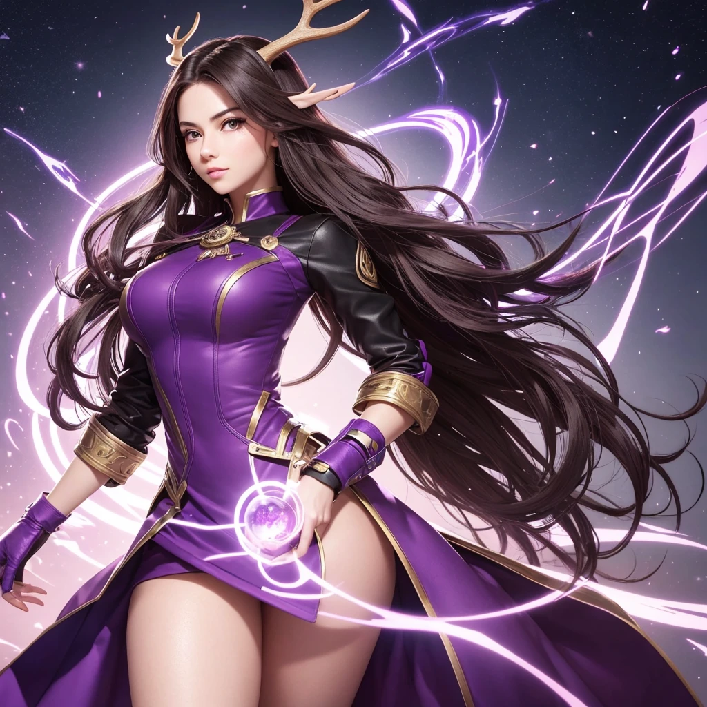 Create an image of a woman with a confident and intellectual demeanor, representing an MBTI debater (ENTP) type. She is wearing a stylish purple outfit that exudes authority and sophistication. She has deer antlers growing from her head, adding a mystical and unique element to her appearance. The background should be a modern, dynamic setting that reflects her innovative and curious personality.
