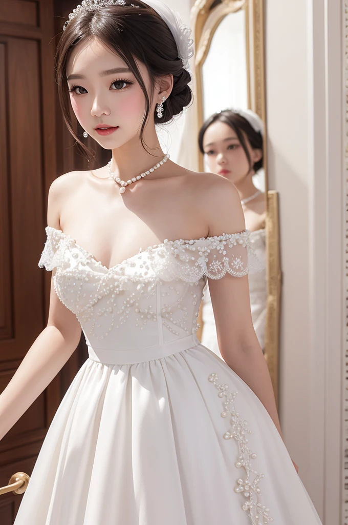 White dress decorated with pearl