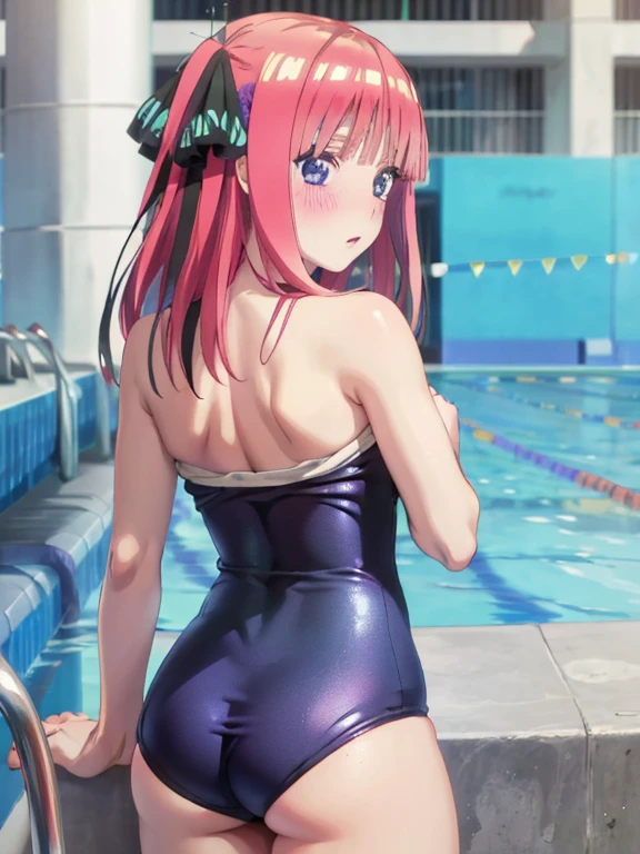 best quality, insanely detailed,nino nakano, poolside background, breasts, blush, back style, Looking Forward, one-piece swimsuit, nipple
