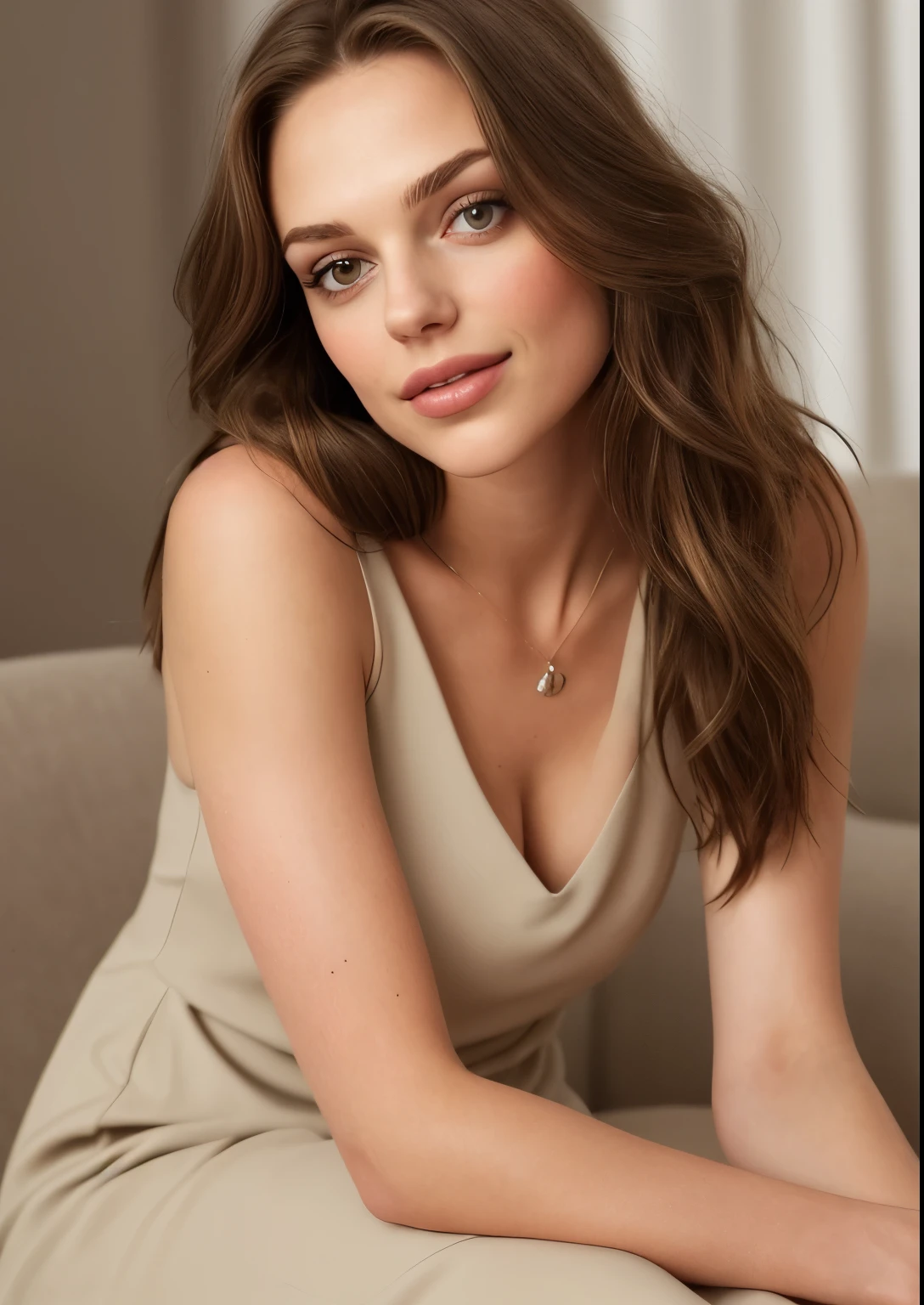 A selfie of a pretty young woman, Taken with iPhone camera, Hair color and hairstyle: She has long, Brown hair, that fall in gentle waves over her shoulders. Your hair is shiny and looks healthy, with a subtle, natural shine. Features: Her face has a harmonious blend of the features of Jessica Alba and Mila Kunis, With large, ausdrucksstarken eyes und einem freundlichen, open smile. The face shape is oval, with high cheekbones and a slightly rounded jaw. eyes: Ihre eyes sind groß und mandelförmig, in a deep brown tone. Die eyesbrauen sind gut gepflegt und passen perfekt zu ihrem Gesicht. Your eyelashes are full, which makes her look intense and inviting. high: Die high ist ebenmäßig, with a natural, healthy shine. It has a slight, warmen highton, which gives their freshness, well-groomed appearance emphasizes. Physique: She has a slim, aber gut proportionierten Physique mit sanften Kurven, which looks elegant and feminine. Ihr Physique ist athletisch und strahlt eine gesunde, active lifestyle. attire: She wears modern, stilvolle attire, that flatters her body. For example, she could have an elegant, Choose a figure-hugging dress or a stylish outfit consisting of a top and trousers, that is both fashionable and classic. Special feature: Ihre Special feature ist ein auffälliges, but natural looking, unique feature: a simple, subtly conspicuous birthmark or a small, eleganter highfleck an der rechten Wange. This little spot gives it a special, but realistic character, which makes them unmistakable, without appearing exaggerated or artificial. Overall impression: It looks modern, charming and authentic. Her smile is warm and inviting, and she radiates a pleasant, natural radiance from.