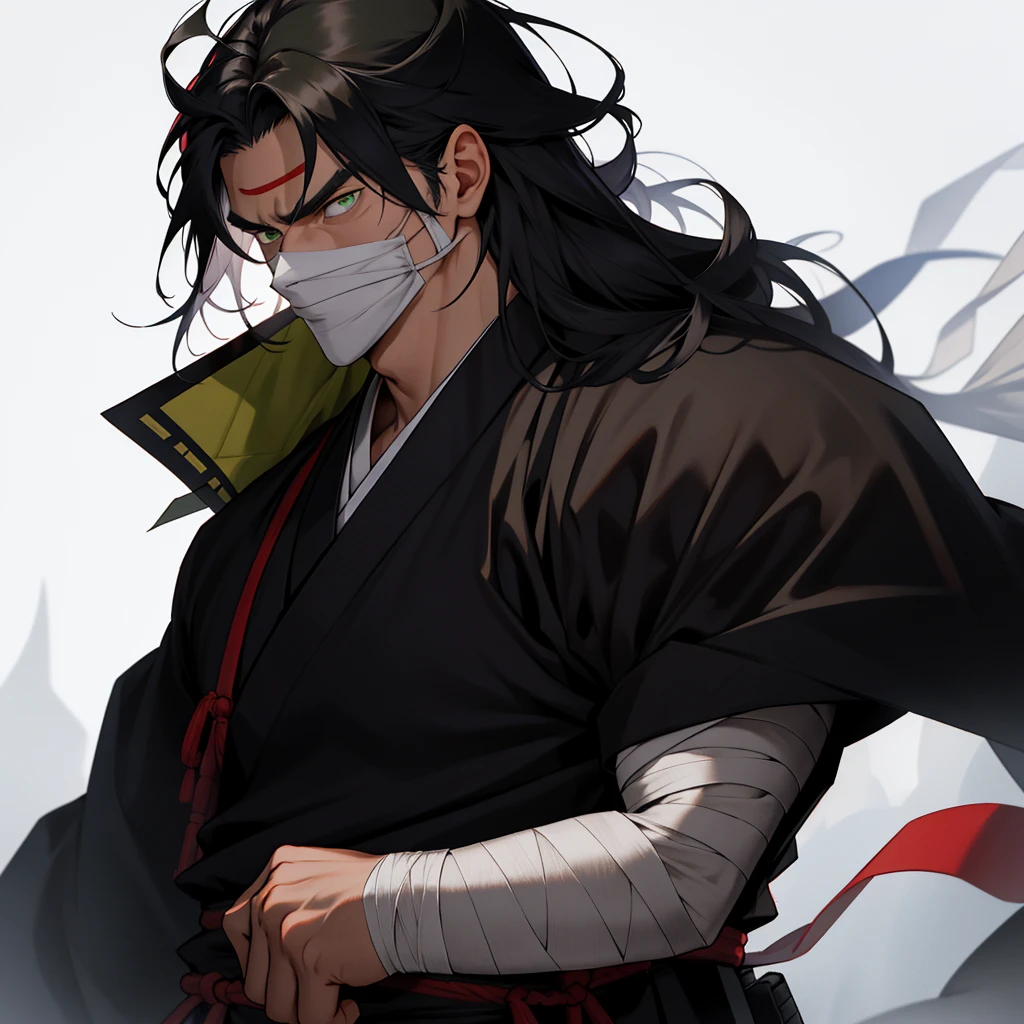 The character has long hair, smooth and black that fall over your face, partially hiding your eyes. Your eyes are different colors, with a yellow right eye and a green left eye, a detail that draws a lot of attention. His face is partially covered in white bandages that stretch from his nose to his chin., leaving only your eyes and forehead showing. He wears a traditional dark Japanese uniform with a high collar., typical of a warrior or samurai. His expression is serious and focused, conveying an air of mystery and determination.