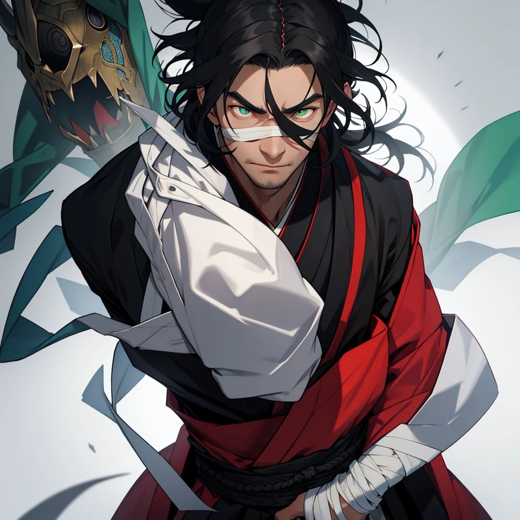 The character has long hair, smooth and black that fall over your face, partially hiding your eyes. Your eyes are different colors, with a yellow right eye and a green left eye, a detail that draws a lot of attention. His face is partially covered in white bandages that stretch from his nose to his chin., leaving only your eyes and forehead showing. He wears a traditional dark Japanese uniform with a high collar., typical of a warrior or samurai. His expression is serious and focused, conveying an air of mystery and determination.
