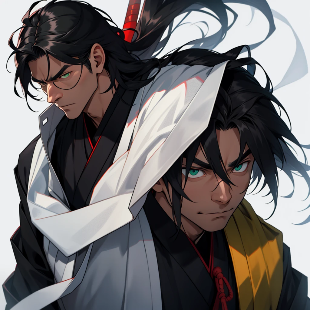 The character has long hair, smooth and black that fall over your face, partially hiding your eyes. Your eyes are different colors, with a yellow right eye and a green left eye, a detail that draws a lot of attention. His face is partially covered in white bandages that stretch from his nose to his chin., leaving only your eyes and forehead showing. He wears a traditional dark Japanese uniform with a high collar., typical of a warrior or samurai. His expression is serious and focused, conveying an air of mystery and determination.