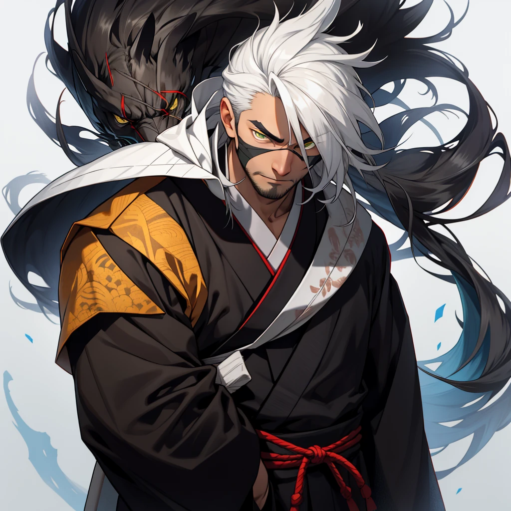 The character has long hair, smooth and black that fall over your face, partially hiding your eyes. Your eyes are different colors, with a yellow right eye and a green left eye, a detail that draws a lot of attention. His face is partially covered in white bandages that stretch from his nose to his chin., leaving only your eyes and forehead showing. He wears a traditional dark Japanese uniform with a high collar., typical of a warrior or samurai. His expression is serious and focused, conveying an air of mystery and determination.