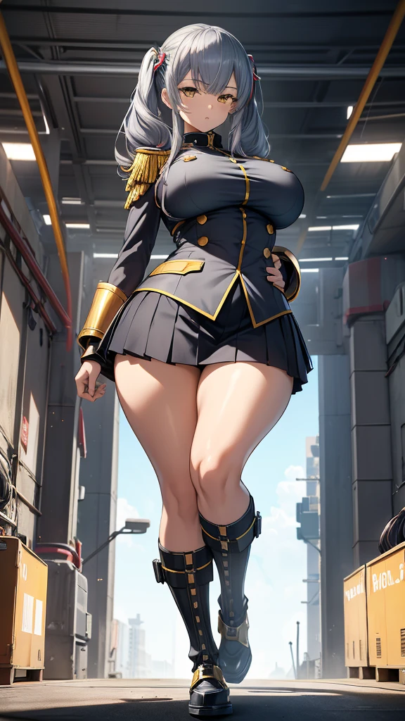 High detailed, 1 girl, Zara, Zara's Double large Pigtails, metallic-gray colored hair, shiny vivid-yellow eyes, busty, round buson, gorgeous plump body, military's uniform, military's skirt, action pose, strong arms, mecha gauntlets