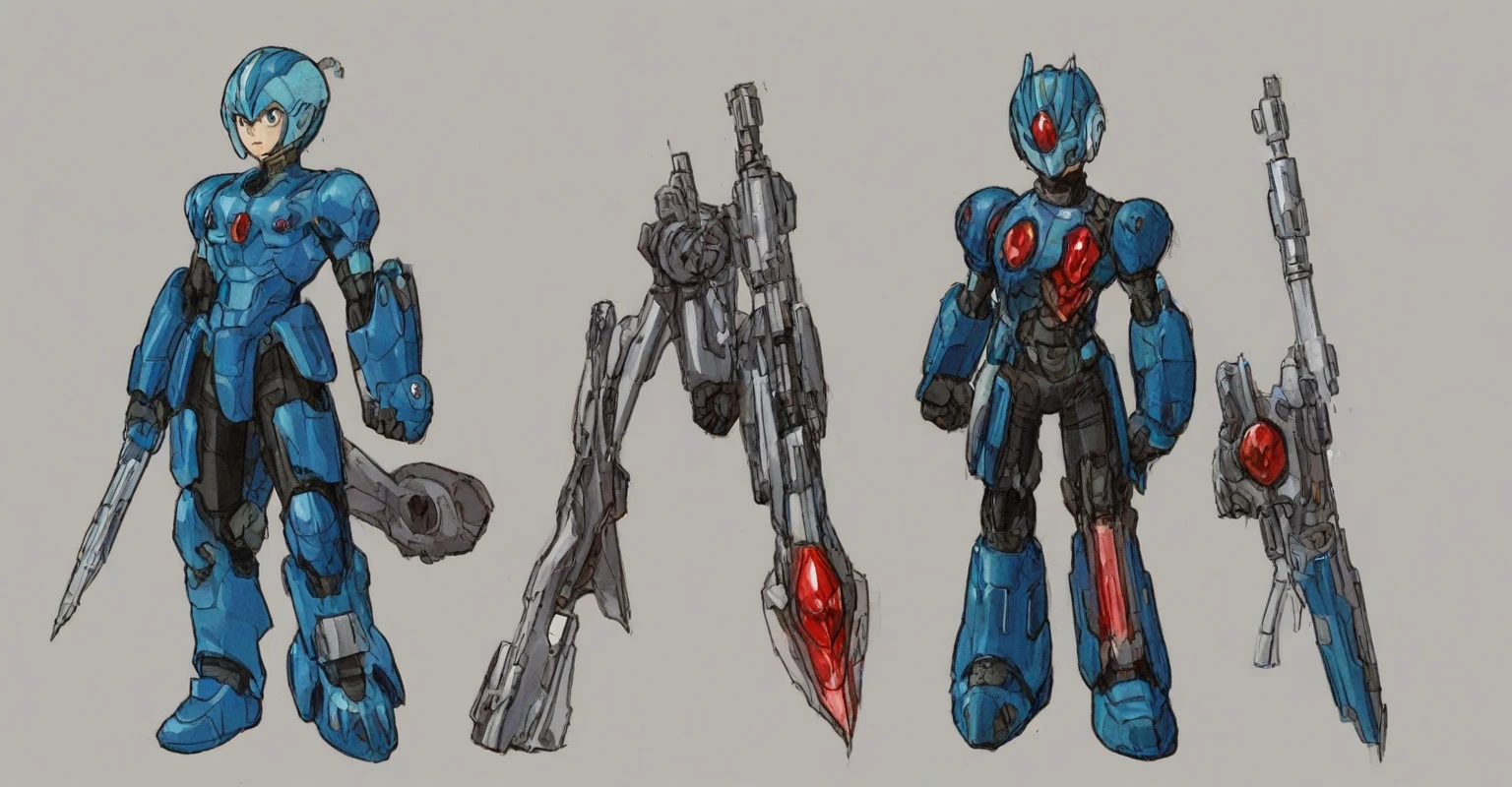 Hiroyuki Kitazume artstyle, Hiroyuki Kitazume style, 1boy, solo, hardboiled, reploid, The image showcases several iterations of the character Megaman X in his design from "Mega Man X8". This character, a Reploid, features a sleek, futuristic design with a predominantly blue color scheme and light blue highlights. The first design shows a rounded, simplistic form, emphasizing a youthful and approachable appearance. The second design introduces angular features, giving him a tougher and more mature look. The third design further enhances these aspects with added armor details and more defined muscle structure, highlighting his combat-ready nature. The side profiles show his helmet with a red gem centerpiece and intricate arm and leg armor details. The overall art style is dynamic, with clean lines and a mix of soft and hard shading to emphasize his mechanical yet heroic qualities.
AI art prompts:
- "Futuristic Reploid, Megaman X design, blue and light blue color scheme, sleek and dynamic design, detailed armor, combat-ready, heroic stance, clean lines, mix of soft and hard shading."
- "Megaman X Reploid character design, angular features, youthful and approachable appearance, futuristic armor, red gem centerpiece, intricate details, heroic and combat-ready."
- "Reploid hero, sleek and futuristic, blue armor, light blue highlights, dynamic design, side profiles, detailed helmet, clean lines, soft and hard shading., in kinu-sensei artstyle