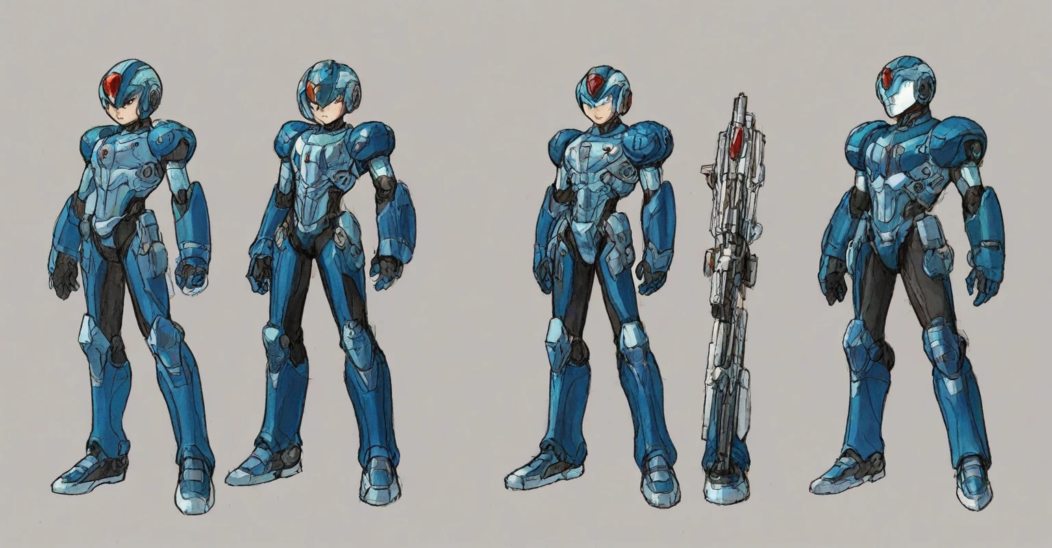 Hiroyuki Kitazume artstyle, Hiroyuki Kitazume style, 1boy, solo, hardboiled, reploid, The image showcases several iterations of the character Megaman X in his design from "Mega Man X8". This character, a Reploid, features a sleek, futuristic design with a predominantly blue color scheme and light blue highlights. The first design shows a rounded, simplistic form, emphasizing a youthful and approachable appearance. The second design introduces angular features, giving him a tougher and more mature look. The third design further enhances these aspects with added armor details and more defined muscle structure, highlighting his combat-ready nature. The side profiles show his helmet with a red gem centerpiece and intricate arm and leg armor details. The overall art style is dynamic, with clean lines and a mix of soft and hard shading to emphasize his mechanical yet heroic qualities.
AI art prompts:
- "Futuristic Reploid, Megaman X design, blue and light blue color scheme, sleek and dynamic design, detailed armor, combat-ready, heroic stance, clean lines, mix of soft and hard shading."
- "Megaman X Reploid character design, angular features, youthful and approachable appearance, futuristic armor, red gem centerpiece, intricate details, heroic and combat-ready."
- "Reploid hero, sleek and futuristic, blue armor, light blue highlights, dynamic design, side profiles, detailed helmet, clean lines, soft and hard shading., in kinu-sensei artstyle