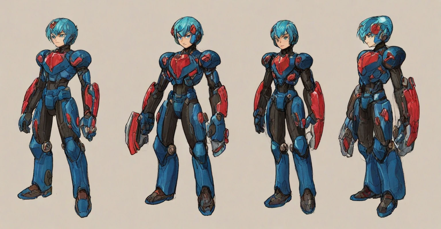 Hiroyuki Kitazume artstyle, Hiroyuki Kitazume style, 1boy, solo, hardboiled, reploid, The image showcases several iterations of the character Megaman X in his design from "Mega Man X8". This character, a Reploid, features a sleek, futuristic design with a predominantly blue color scheme and light blue highlights. The first design shows a rounded, simplistic form, emphasizing a youthful and approachable appearance. The second design introduces angular features, giving him a tougher and more mature look. The third design further enhances these aspects with added armor details and more defined muscle structure, highlighting his combat-ready nature. The side profiles show his helmet with a red gem centerpiece and intricate arm and leg armor details. The overall art style is dynamic, with clean lines and a mix of soft and hard shading to emphasize his mechanical yet heroic qualities.
AI art prompts:
- "Futuristic Reploid, Megaman X design, blue and light blue color scheme, sleek and dynamic design, detailed armor, combat-ready, heroic stance, clean lines, mix of soft and hard shading."
- "Megaman X Reploid character design, angular features, youthful and approachable appearance, futuristic armor, red gem centerpiece, intricate details, heroic and combat-ready."
- "Reploid hero, sleek and futuristic, blue armor, light blue highlights, dynamic design, side profiles, detailed helmet, clean lines, soft and hard shading., in kinu-sensei artstyle