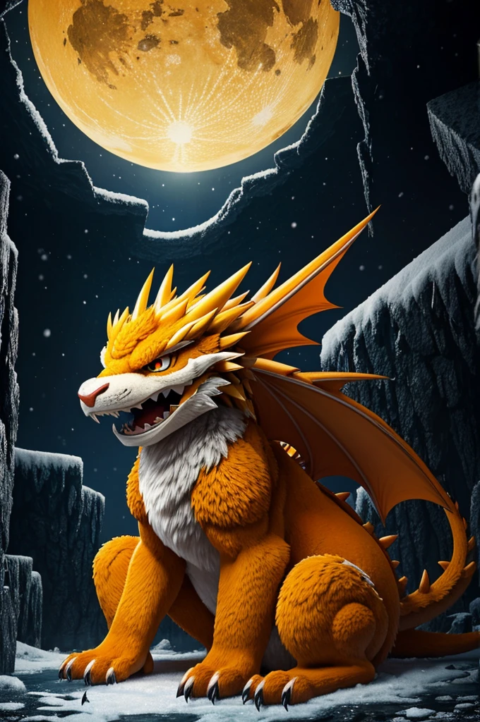 “furry anime art. shows side full-body of a kemono dragon. shows grimace in pain face, Shows kemono blue eyes. They’re fully covered in snow white fur and Lots yellow-orange bioluminescent patterns. yellow-orange wings. shows leaned forwards squat down on the icy ground. lower hind dragon legs feral. show head of hair is vibrant yellow-orange colored. underground in a very dark icy cave background. night