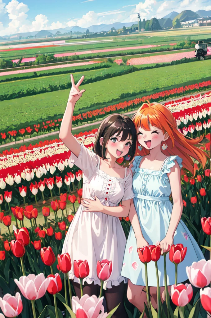 high resolution、Girls having fun in the tulip fields。Clothes are light-colored dresses。