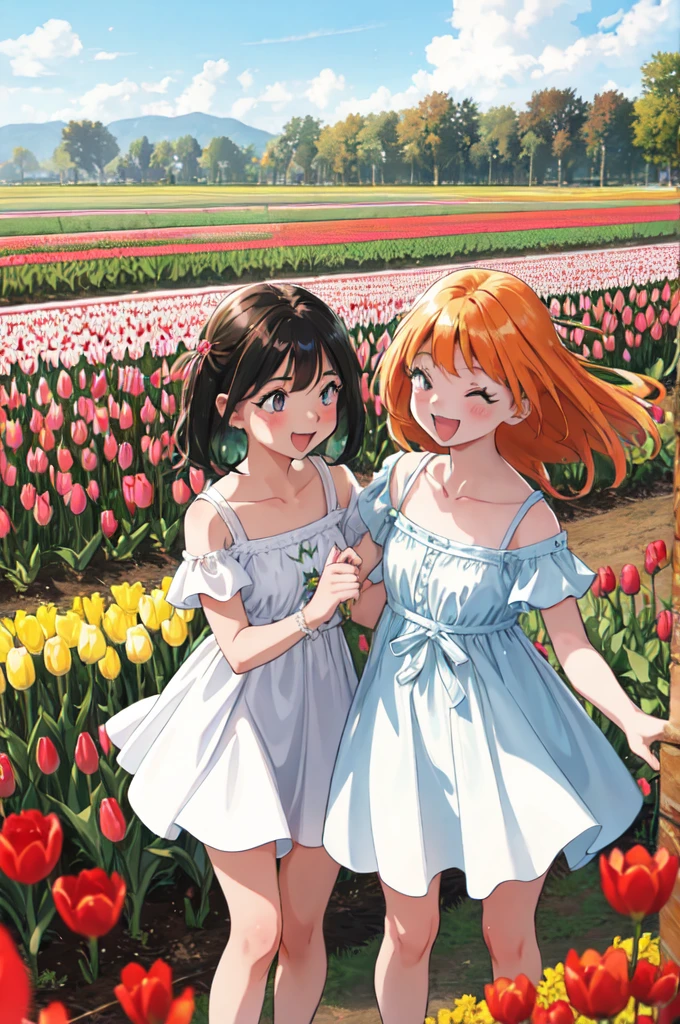 high resolution、Girls having fun in the tulip fields。Clothes are light-colored dresses。