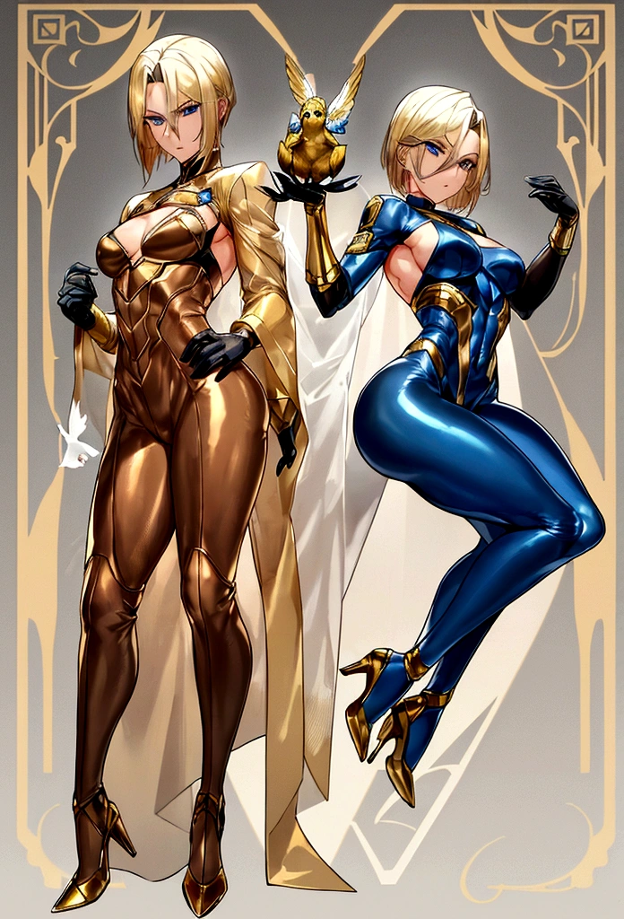 (masculine) (android) (blonde hair that reaches to the heels, blue eyes, Slim and toned body) (wears a tight brown bodysuit with gold details) (laboratory background) (holding a bird in his hands)
