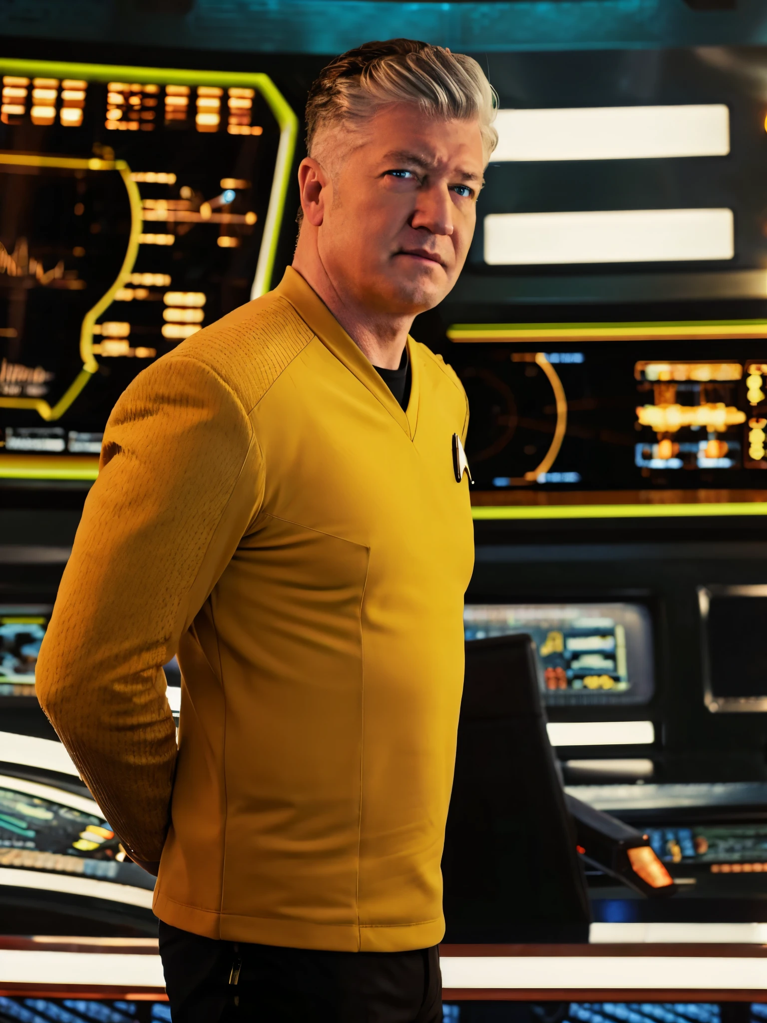 David Lynch in yellow stsnwunf uniform,on starship bridge,