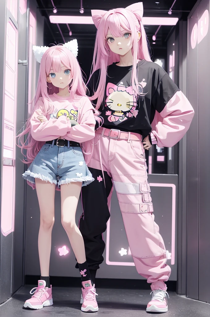 full body garota, long pink hair, black eye, hello kitty striped long sleeve shirt, pink belt, black pants, pink and black all star sneakers, pose de rock