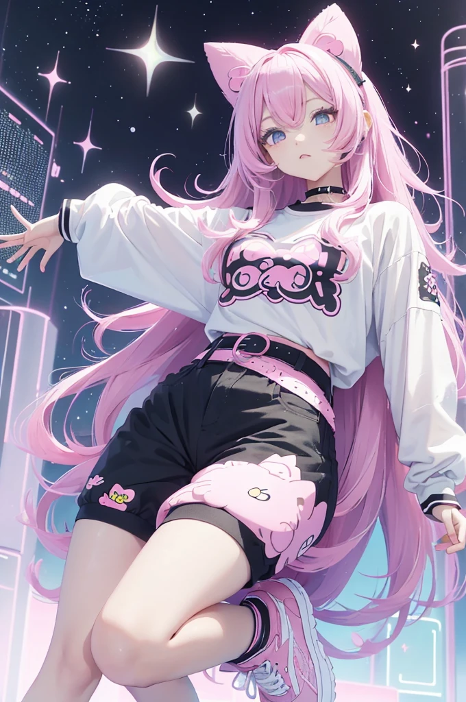 full body garota, long pink hair, black eye, hello kitty striped long sleeve shirt, pink belt, black pants, pink and black all star sneakers, pose de rock