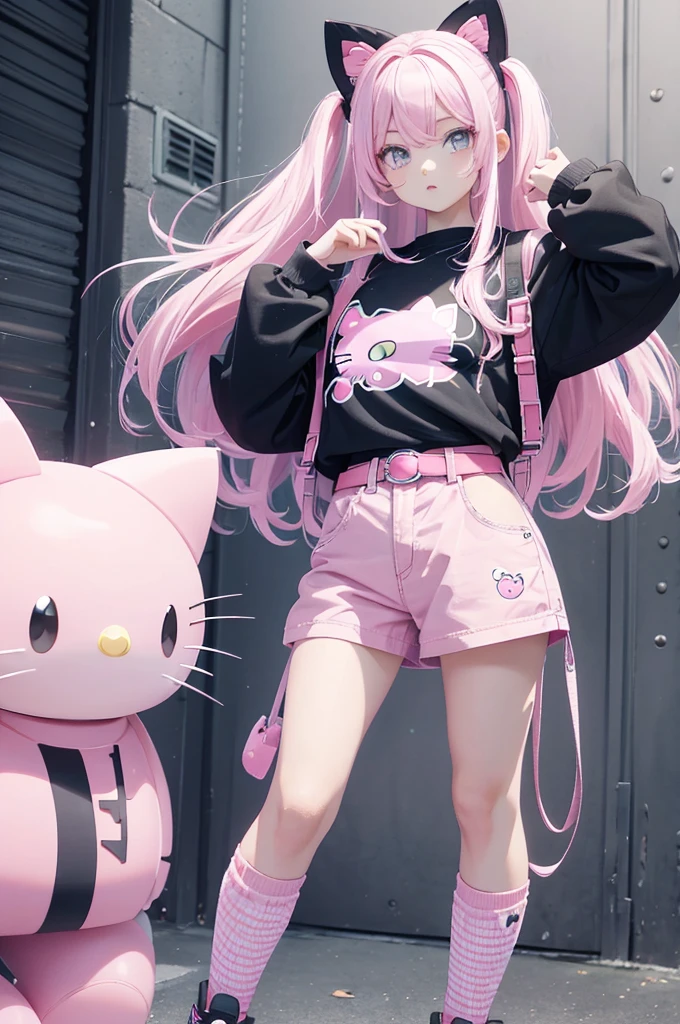 full body garota, long pink hair, black eye, hello kitty striped long sleeve shirt, pink belt, black pants, pink and black all star sneakers, pose de rock