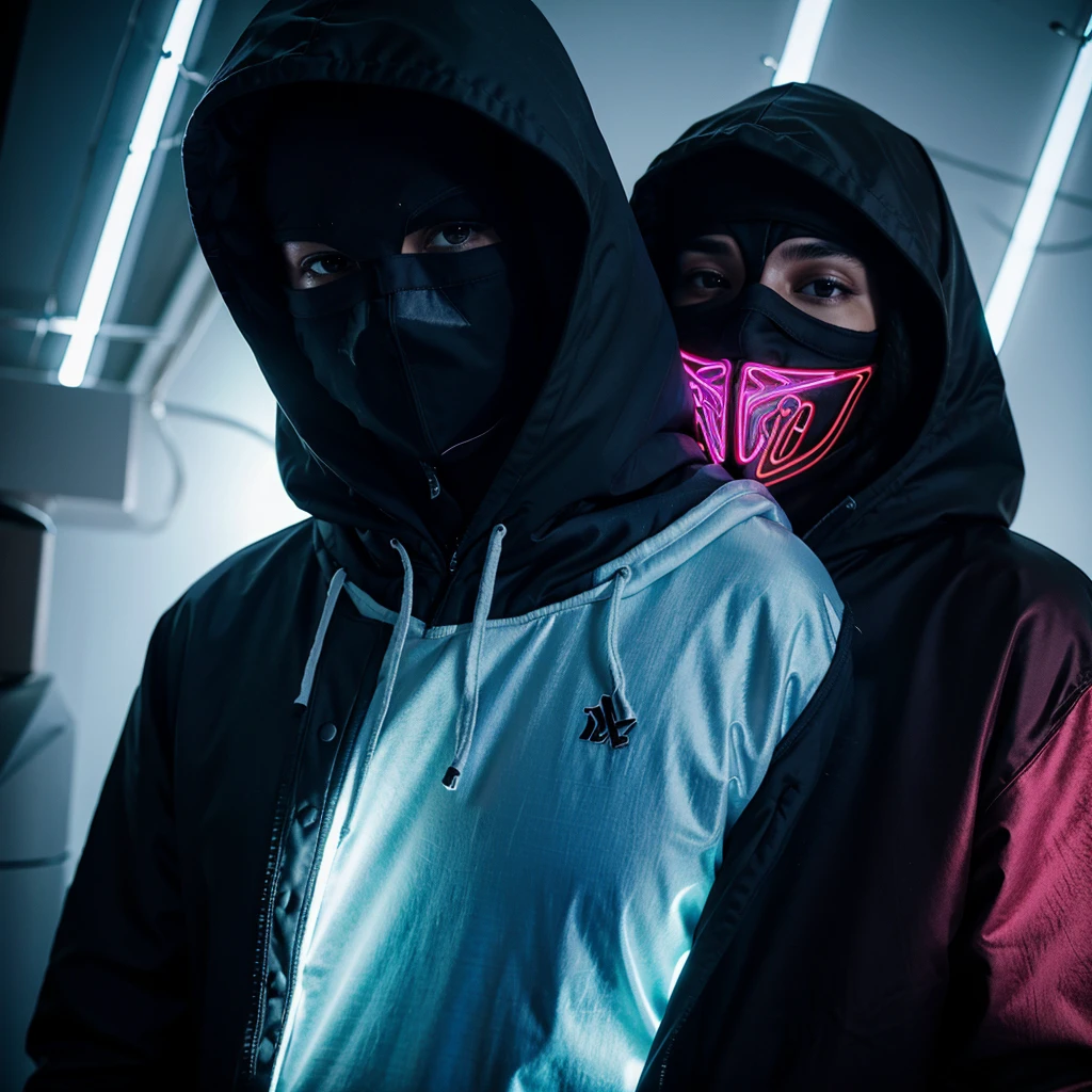 five masked hooded young men color coridor neon liminal space cold light tamisé
