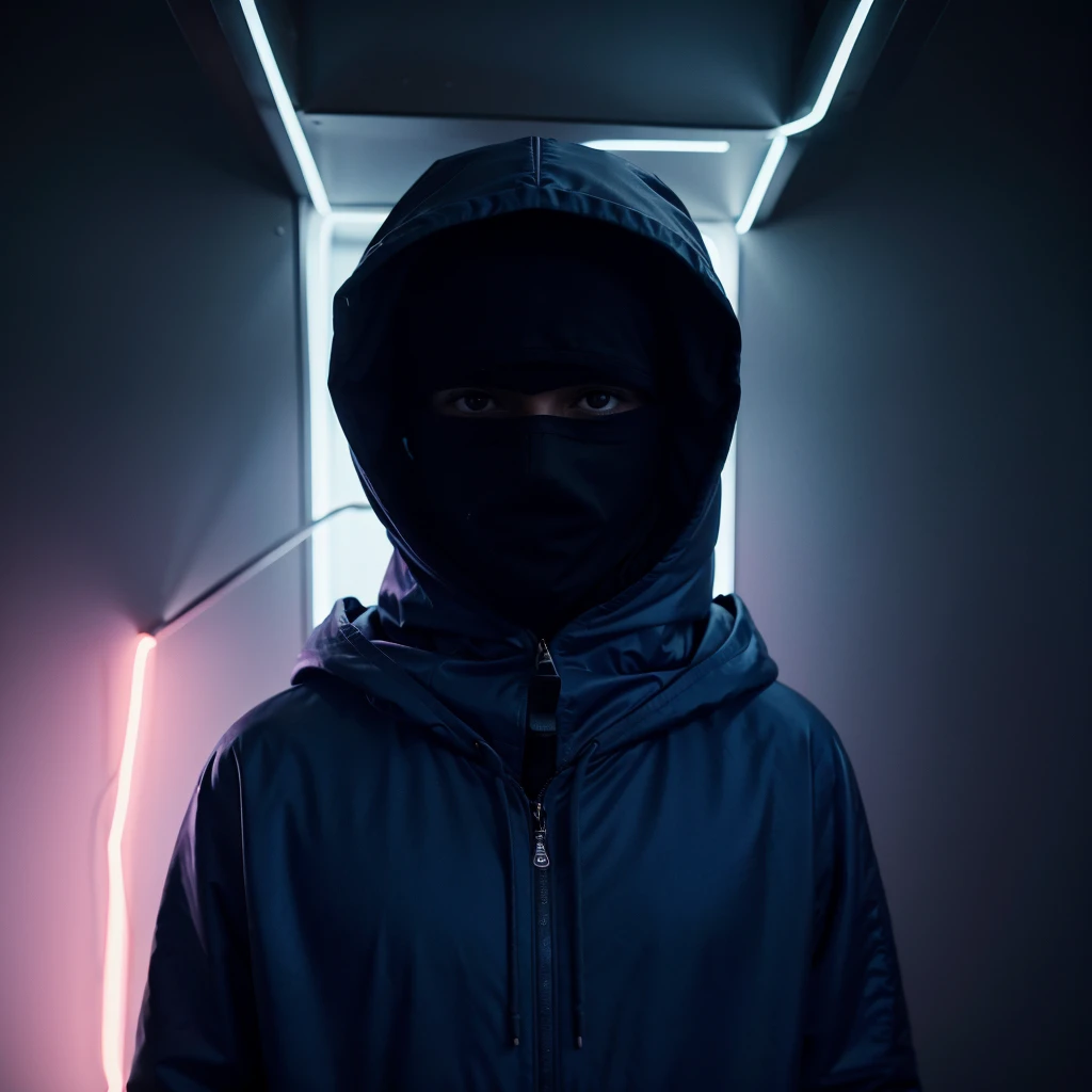 five masked hooded young men color coridor neon liminal space cold light tamisé