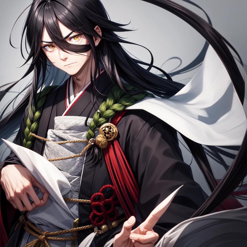 The character has long hair, smooth and black that fall over your face, partially hiding your eyes. Your eyes are different colors, with one right eye ((yellow)) and the green left eye, a detail that draws a lot of attention. His face is partially covered in white bandages that stretch from his nose to his chin., leaving only your eyes and forehead showing. He wears a traditional dark Japanese uniform with a high collar., typical of a warrior or samurai. His expression is serious and focused, conveying an air of mystery and determination.