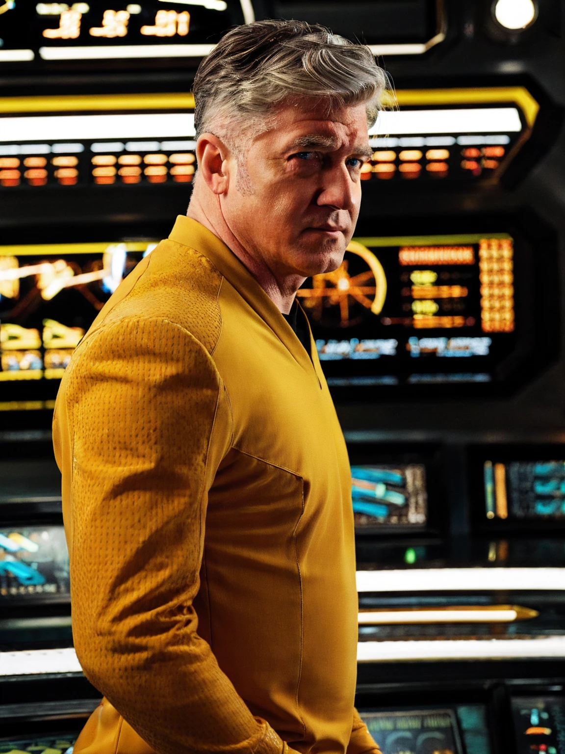 David Lynch in yellow stsnwunf uniform,on starship bridge,