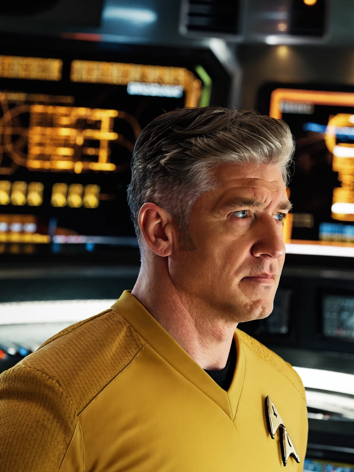 David Lynch in yellow stsnwunf uniform,on starship bridge,