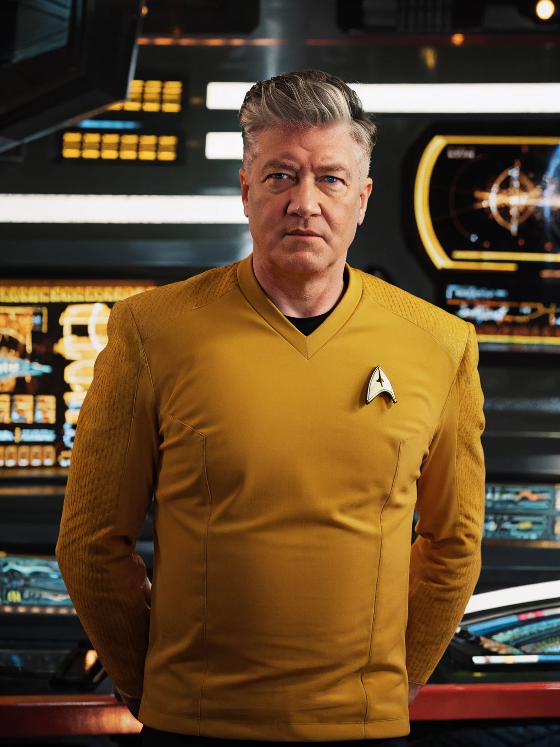 David Lynch in yellow stsnwunf uniform,on starship bridge,