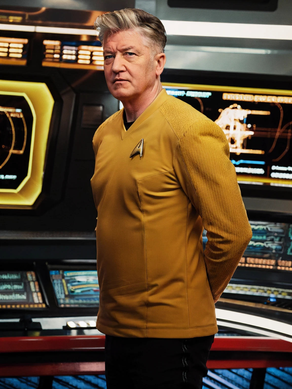 David Lynch in yellow stsnwunf uniform,on starship bridge,