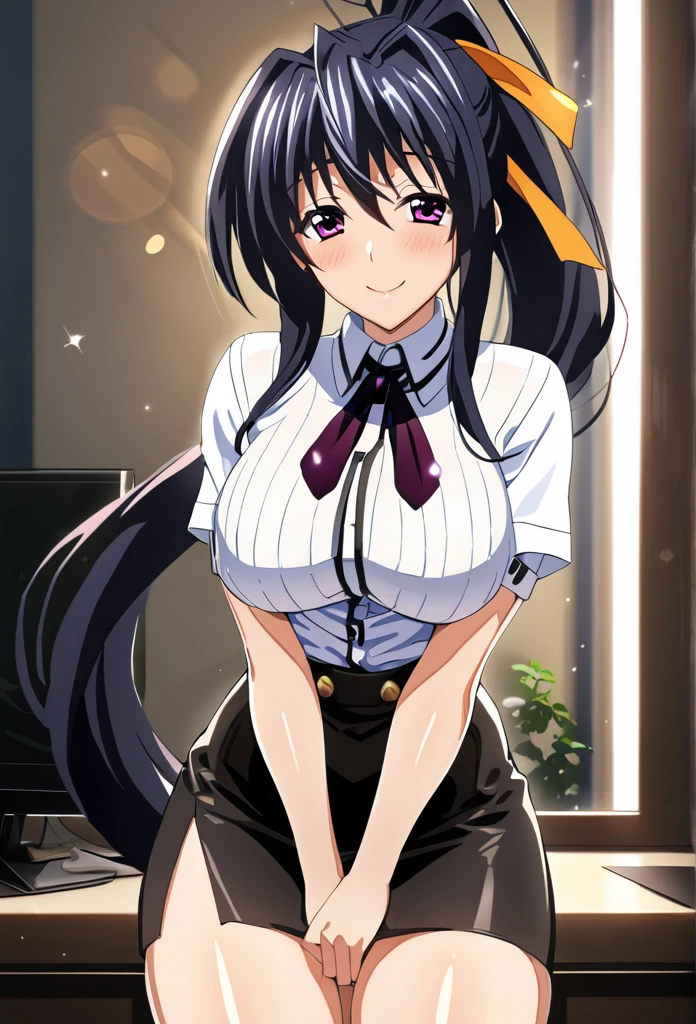 sysdeep_akeno, 1girl, solo, long_hair, looking_at_viewer, smile, large_breasts, shirt, black_hair, ribbon, hair_between_eyes, very_long_hair, purple_eyes, hair_ribbon, white_shirt, ponytail, short_sleeves, indoors, neck_ribbon, high_ponytail, v_arms, orange_ribbon,  (masterpiece: 1.0), (best_quality: 1.0), (best quality:1.4),(shiny skin), body focus, (cute face), (((best quality))), illustration, ((Beautiful Finger)), , Beautiful body, Beautiful character design, ,perfect lighting, Colorful, Bright_Front_face_Lighting, ultra high res, highres, absurdres:1.2, bokeh:1.2, lens flare, (vibrant_color:1.2), (Beautiful, large breasts:1.2), (thick thighs:1.1), THICK, 
1lady standing, /(casual shirt/) (pencil skirt:1.1) /(id card lanyard/), (mature female) bangs, blush kind smile, (masterpiece best quality:1.2) delicate illustration ultra-detailed, large breast BREAK /(modern office indoors/), window skyscraper, look at viewer