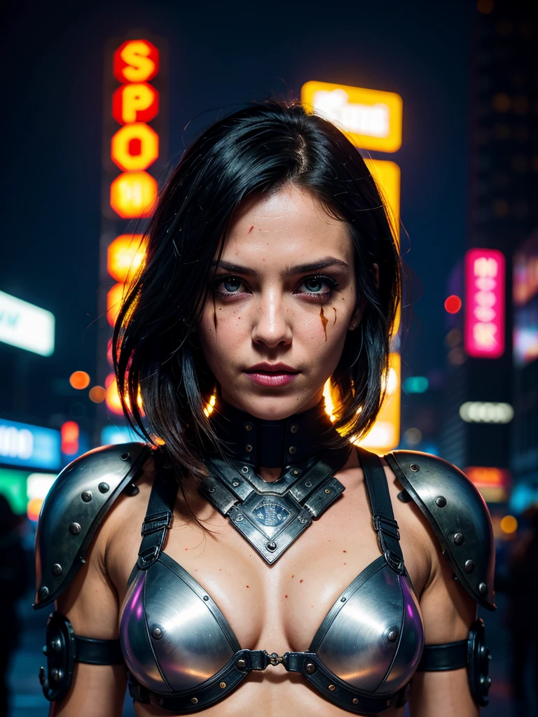 Professional portrait in cyberpunk style, thigh-high photo, one woman, metal skull, scar on face, metal torso, metal arms, old rusty armor, night city, neon lights, eye contact, looking at viewer, masterpiece, best quality, perfect  detail, perfect face detail, perfect eye detail, perfect skin detail, depth of field, perfect lighting