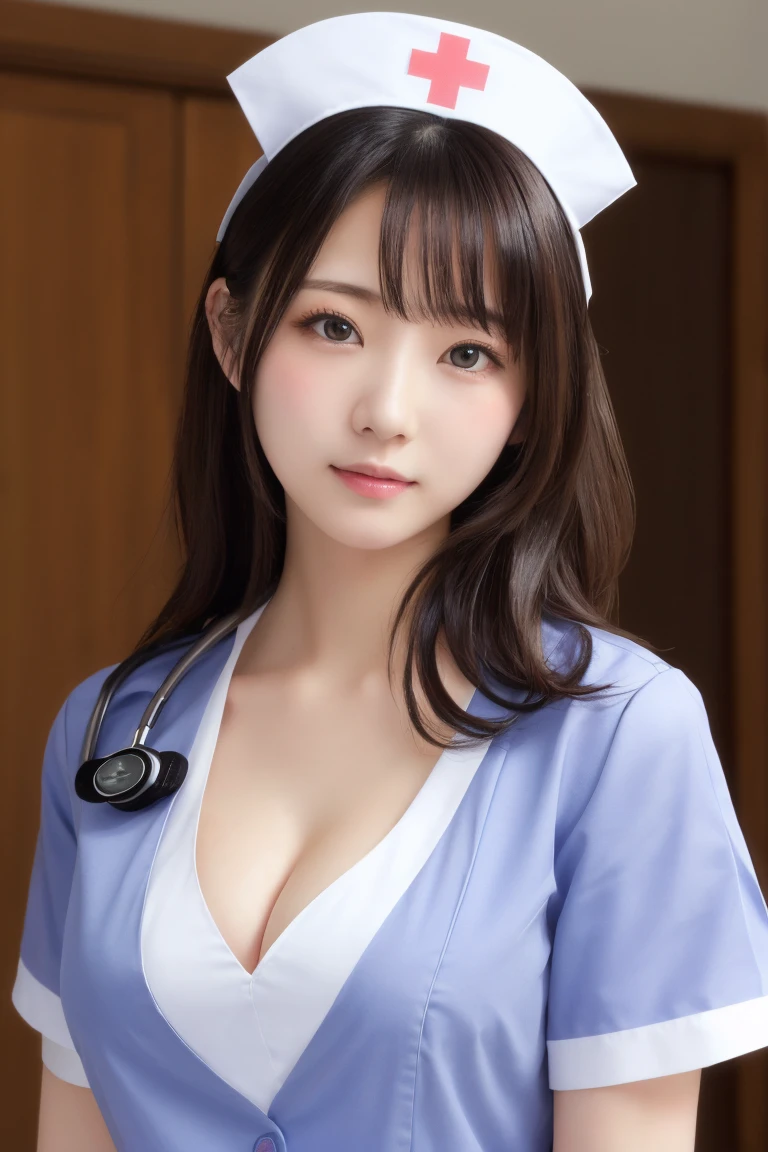 Highest quality, (Beautiful nurse:1.2)、、looking at the camera、Larger breasts、Embarrassed、Cleavage