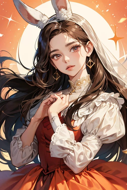 Past Rabbit Miraculous holder has a light complexion and dark eyes, she puts a bandage of a slightly lighter shade of brown on her long brown hair.
She was wearing a dress with a low neckline, partially revealing her shoulders, and puffy white sleeves, over which she wore a black veil. The edging of the neckline was also black. Below it, at the sleeves, a light brown fabric was visible. On the contrary, the dress on the torso was brown. In addition, corals were superimposed on the woman's neck, and on her fingers were a pair of rings, one of which with the symbol of the Order of the Guardians. SPARKLE; GLITTER