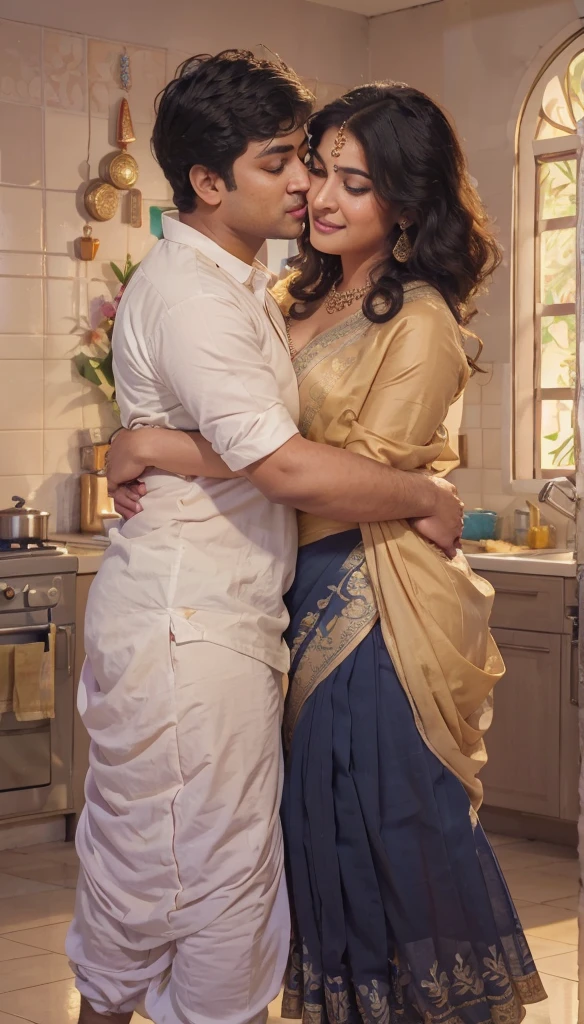 A radiant, full-figured South Indian plus-sized 30 year old teacher wearing a cream silky saree tenderly hugging and kissing a group of jubilant 20-year-old men in kitchen, captured in a full-body image with vibrant hues and meticulous details.
