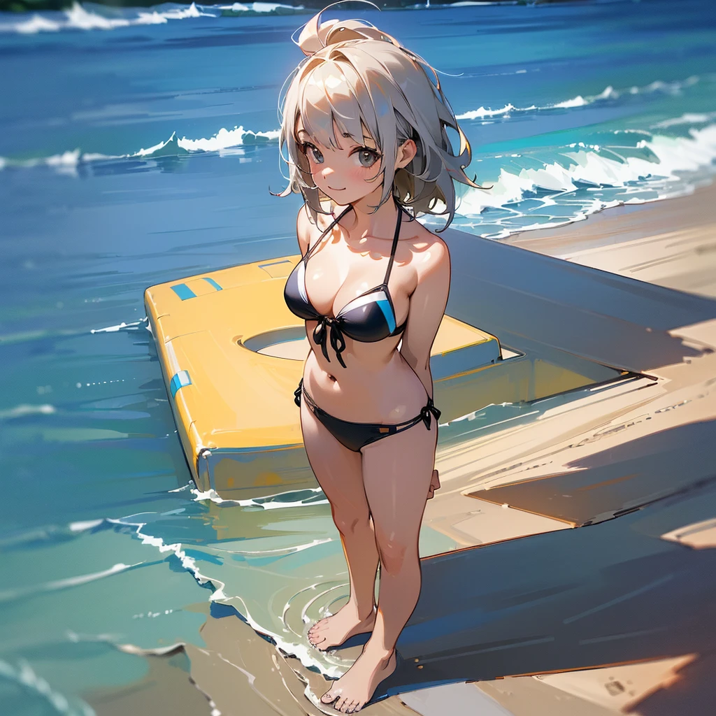 (high quality, High resolution, Very detailed, reality:1.37), Peaceful atmosphere, (Sandy Beach), age girl standing alone, (my breasts are big.), Beautiful details, Cute Smile, (Black bob hair), Bikini Swimwear, barefoot.