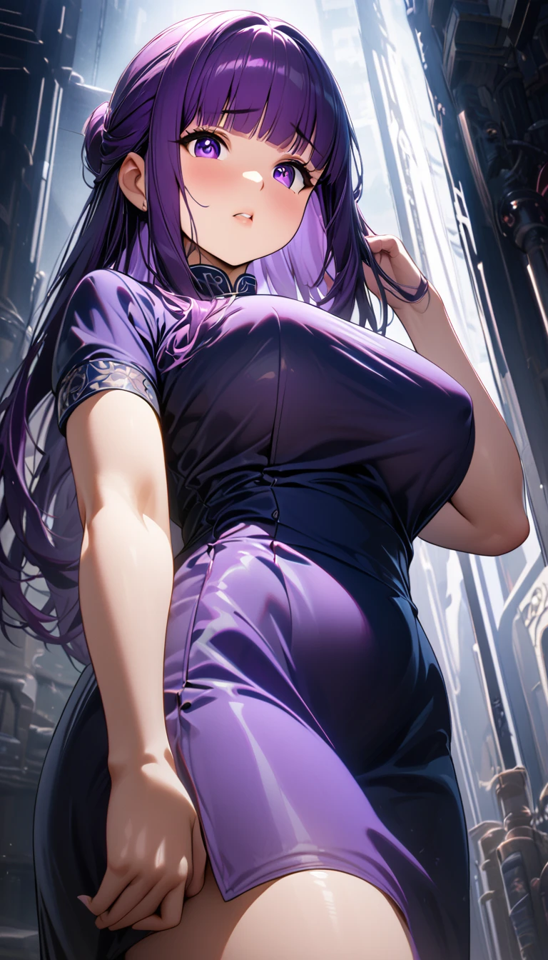 Cheongsam Girl,Half Up,Purple Hair,Purple eyes,Long Hair,Blunt bangs,cowboy shot,Pure white background,Big Breasts,Depth of written boundary,Low angle view,Calf Level View,Overclocked Renderer,Cinema Lighting,masterpiece,Ultra-fine,Very detailed,complicated,Cinematic Perspective,CG Art,Looking at me,Puff out your cheeks,Close your mouth,